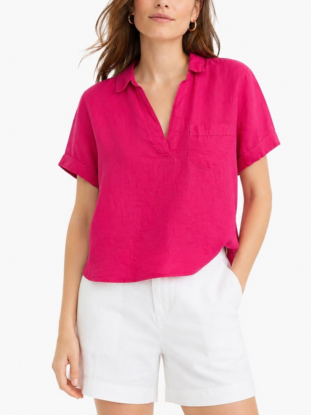 J. Crew 100% Linen Popover Top Short Sleeve S Coastal Hot Pink Preppy Collared